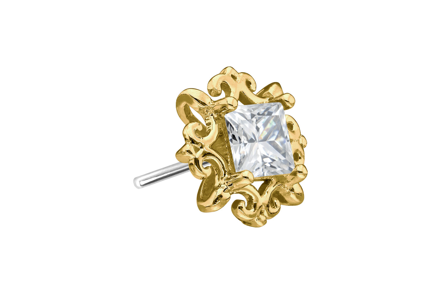 14 Karat Gold Aufsatz mit Titan Push Pin MOISSANIT-QUADRAT + ORNAMENTE von Piercingline